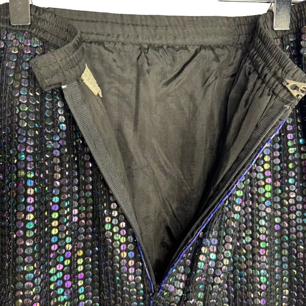 VTG Black Iridescent Mermaidcore Dark Fairy Sequin‎ Skirt 100% Silk Size Medium - Picture 8 of 10